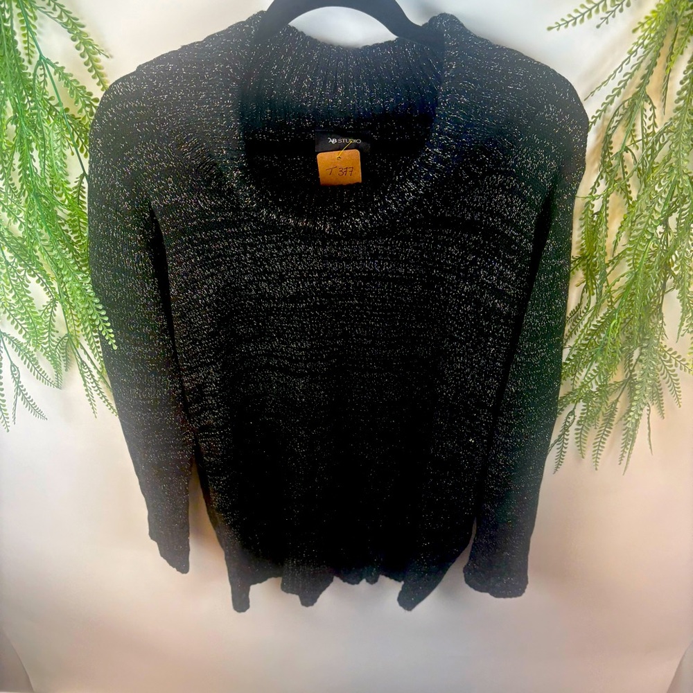 AB Studio long Sweater. Cowal Neck. Black with silver/gold flecks . Size XL
